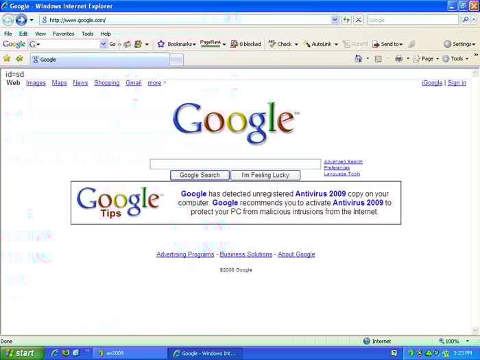 Google homepage hijacked by Antivirus 2009